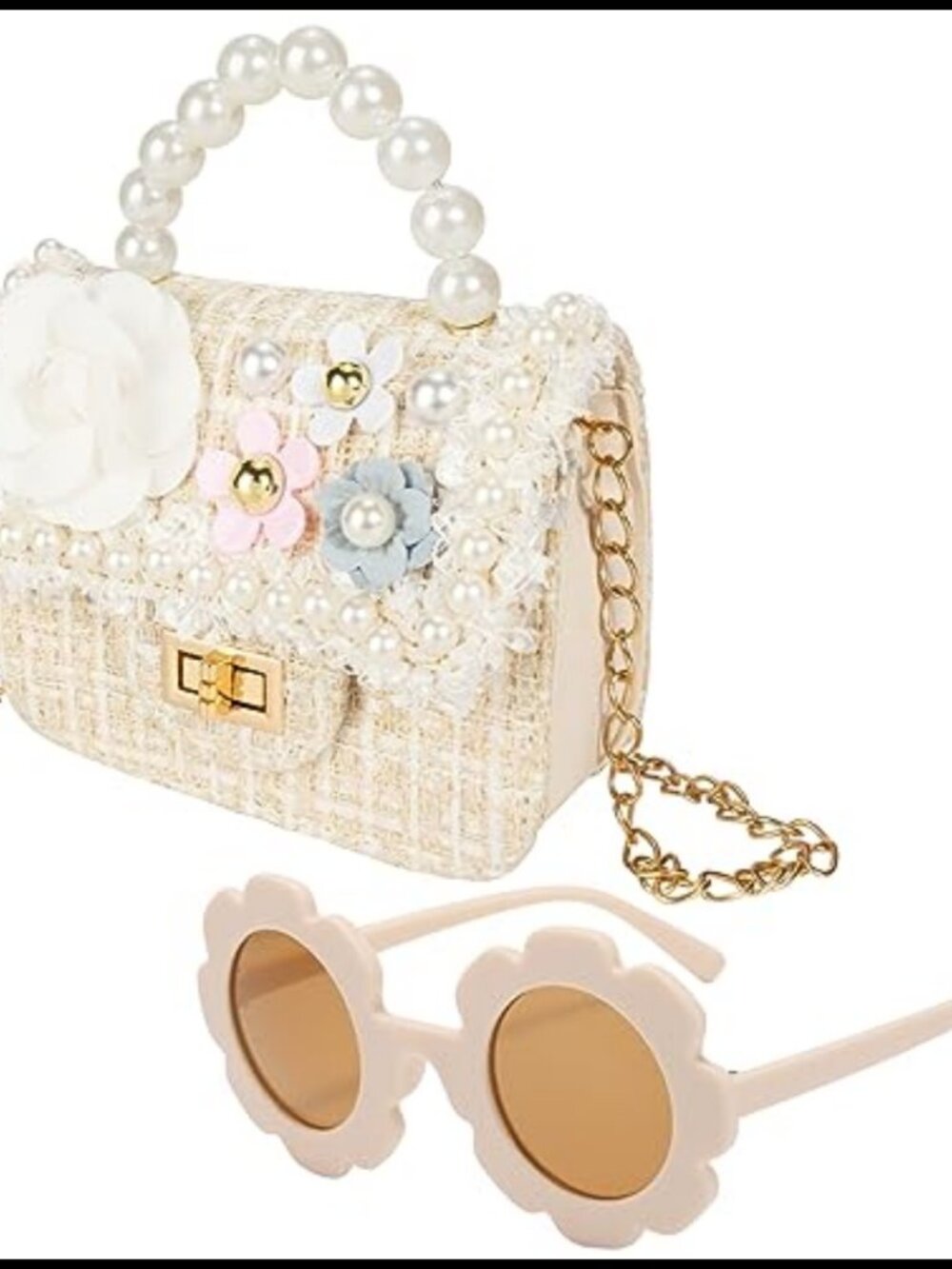 Toddler Girls Crossbody Purse PU Leather Pearl Flower Chain Mini Bag